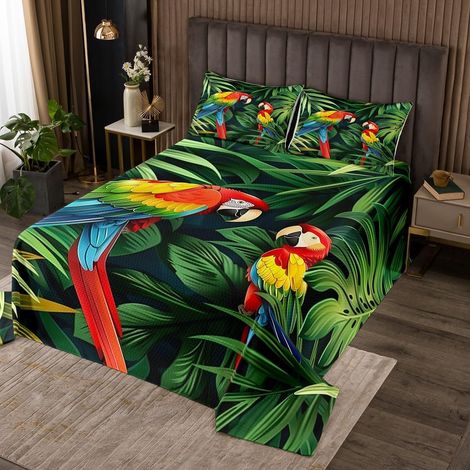 Couvre-Lit 260x240 Perroquet 3D avec 2 Taies d'oreiller, Dessus de Lit Palmier Tropical, Couverture de Lit Feuilles Vertes, Jetés de Lit Oiseaux Animaux de La Jungle (1/4)