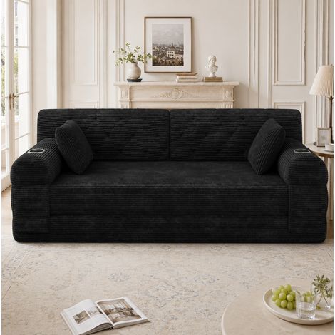 Divano letto 2 posti in tessuto a coste, schienale alto, 168 x 80 x 81 cm, nero OKMYHOME (1/5)