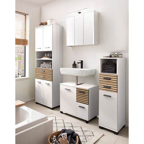 Badmöbel Set mit 65 cm Waschbeckenunterschrank, weiß matt, Akustikpaneel-Optik KANE-80 (1/5)