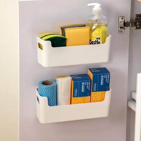 Lot de 2 organisateurs de porte de placard autocollants - Étagères de rangement - Pour sous évier, cuisine, salle de bain et garage - Blanc (1/5)