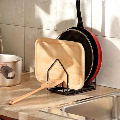 Support de couvercle de casserole avec bac d'égouttement, tiroir, repose-cuillère, organiseur de cuisine pour couvercle de casserole de 16 à 34 cm (1/5)