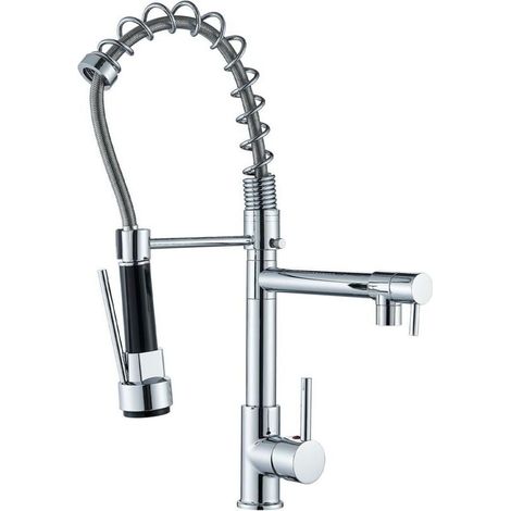 Rubinetto da cucina con 2 getti, miscelatore monocomando, doccetta a doppia funzione, girevole a 360°, rubinetto per acqua fredda, ottone cromato -Crezuo