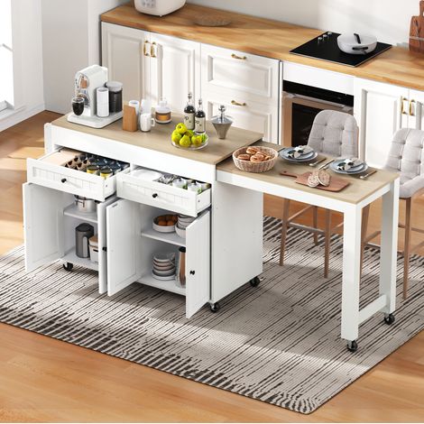 Îlot de cuisine 112-180.5x45x92.2 cm blanc et naturel en MDF avec plateau extensible, tiroirs et roulettes (1/5)