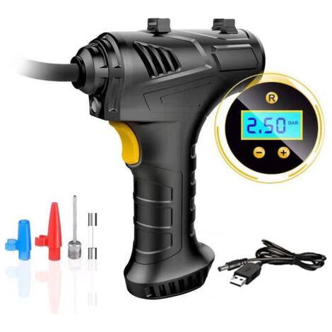 Cordless Tyre Inflator Air Compressor, 12V USB Rechargeable Battery 150PSI Portable Car Tyre Pump, Electric Digital Tyre Pump with LED Light and 2 Nozzle Adaptors for Car Motorcycle Bicycle (1/4)
