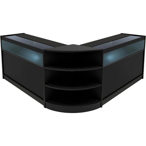 Set Mostradores Comerciales "THESEUS"  Negro  2x B1200+1xLM60  MDF y vidrio templado  Estantes y puertas corredizas con cerradura  Fácil Montaje  Mostrador Recepción Expositor Comercial Mesa