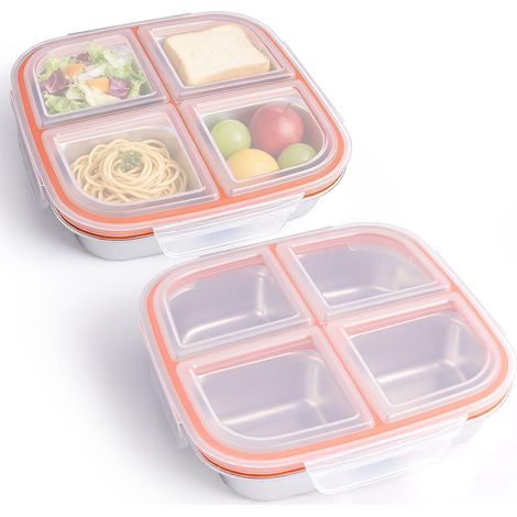 2 Bento à Compartiments,Snack Box en Acier Inoxydable,Bote à Lunch avec 4 Compartiments,Snack Box anti-fuite avec joint d'étanchéité (1/5)