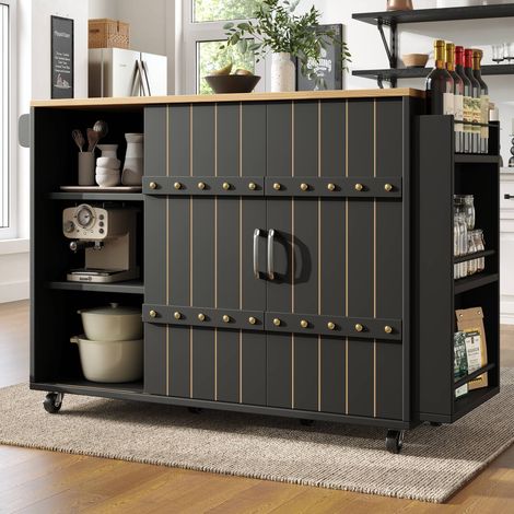 Meuble de cuisine avec roulettes et plateau, desserte noire effet bois avec tiroirs et portes coulissantes (1/5)