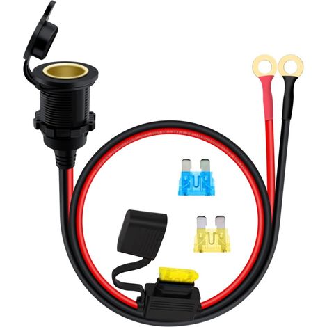 Feuerzeugstecker mit Kabel, 14 AWG, 12 V, 24 V, wasserdichte Feuerzeugbuchse, O-Ring-Kabel mit 20 A-Sicherung für Auto, Motorrad, Boot (1 m)
