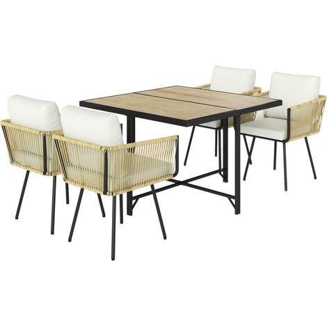 Set 5 Pezzi da Giardino con Tavolo 110x110x74 cm e 4 Sedie in Rattan PE e Legno Beige (1/5)