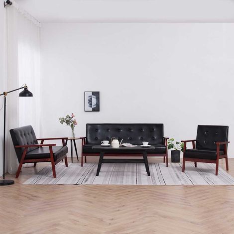 Ensemble de canapés 3 pièces en similicuir noir avec fauteuil et canapés 2 et 3 places - PANGIVO (1/5)