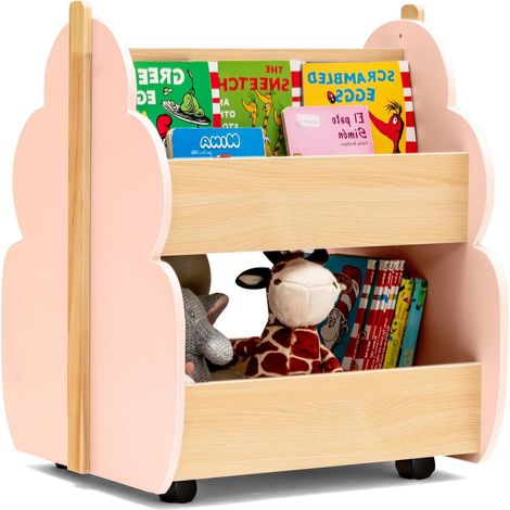 GOPLUS Bibliothèque Enfant, Étagère de Rangement à 2 Niveaux en Forme d'arbre avec 3 Compartiments, Roues Universelles, Coins Arrondis, Meuble pour Chambre d'enfant, Salon, Salle de Jeux (Rose)