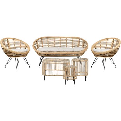 Set divano 4 posti Rattan Beige chiaro Cuscino in tessuto di cotone Interno Esterno Naturale con 3 tavolini Maratea