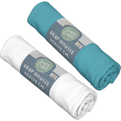 Draps Housses - Lot de 2 - Coton - Certifié OEKO-TEX - Pour Lit Bébé 60x120cm - Bleu Tropical et Blanc (1/5)