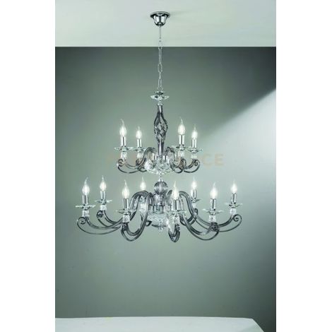 LAMPADARIO 1306 (8+4) 2 PIANI FUME' E CROMO ATTACCO E14 D.93CM