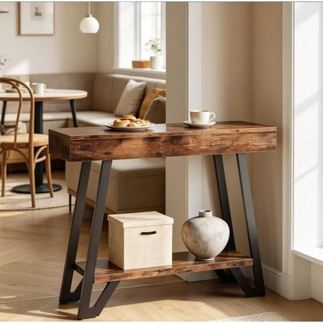 Console da ingresso nero e marrone rustico in MDF e metallo con 2 ripiani (1/5)