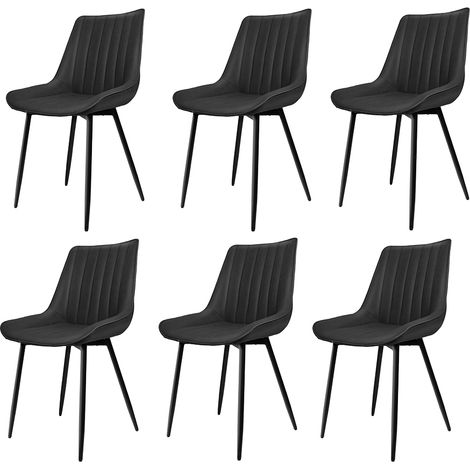 Esszimmerstuhl 6er Set, Polsterstuhl, Metallbeine, Kunstlerder, Gestreifter Stil, Sitzbreite 49 cm, max. 120 kg, für Arbeitszimmer, Wohnzimmer, Schlafzimmer, schwarz (1/5)
