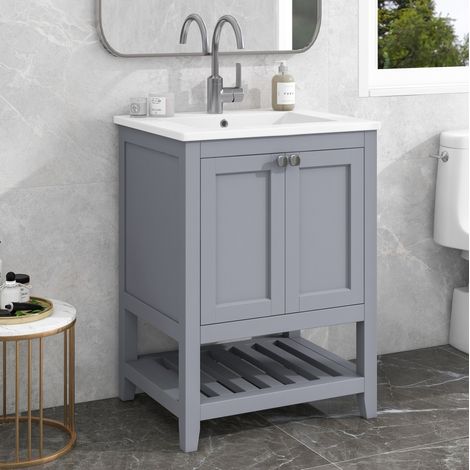 Meuble lave-mains sur pied en bois massif et MDF gris et blanc avec vasque en céramique (1/5)