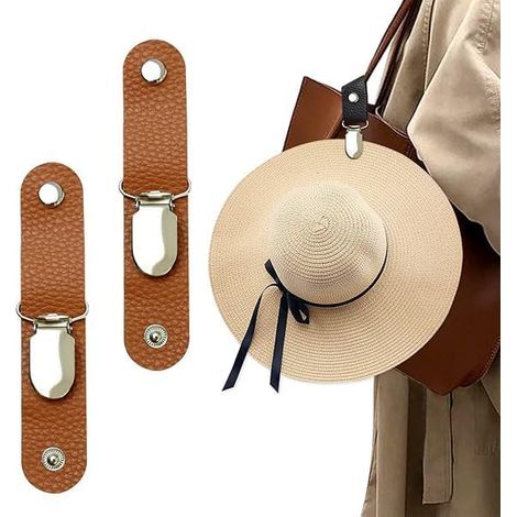 Pinza para sombrero, 2 pinzas para sombrero, pinza de viaje para sombrero, pinza multifuncional para sombrero, pinza para sombrero de paja, apta para bolsos y maletas (marrón). (1/2)