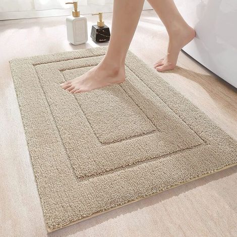 Tapis De Bain Antidérapant,Tapis Salle Bain Moelleux en Microfibre,Absorbant l'eau,Lavable en Machine,Extra Epais Tapis de Douche pour Salle de Bain,50 x 80 cm,Beige (1/5)