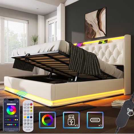 Letto contenitore 180x200 cm, letto matrimoniale imbottito con LED e ricarica USB Type-C, in PU, bianco, senza rete a doghe e materasso (1/5)