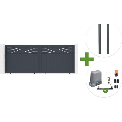 Portail coulissant 4m HALTI H.160cm aluminium gris + 2 poteaux ELDA 15x15cm + motorisation Tanker C600 (1/5)