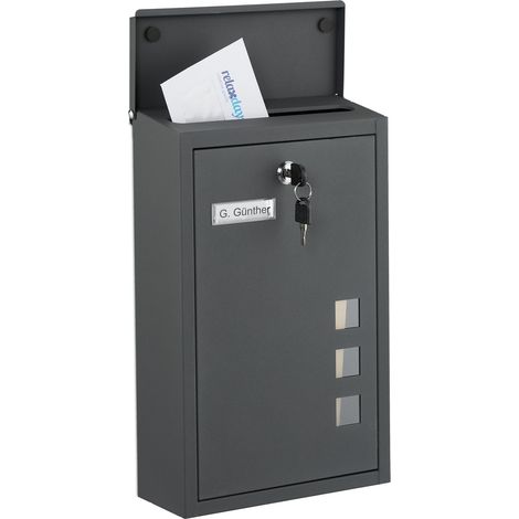 Relaxdays wall-mounted letterbox with windows, HxWxD: 40 x 25 x 11.5 cm, iron, 4 keys, compact, anthracite
