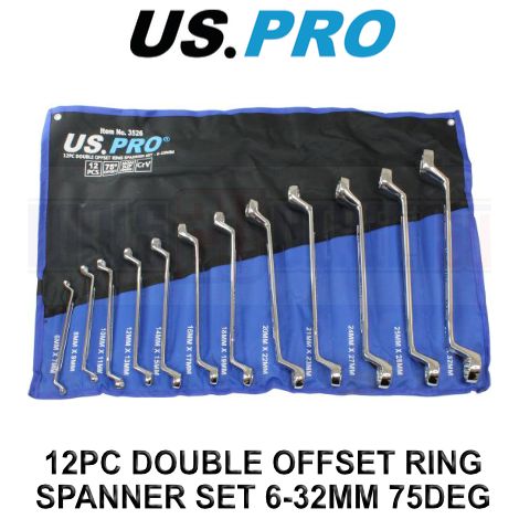 US PRO Tools 12 Piece Double Offset Ring Spanner Set 6 - 32mm 75DEG 3526
