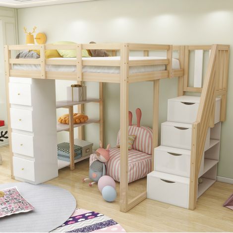 Letto a soppalco 140x200 cm naturale e bianco in legno con 4 cassetti (1/5)