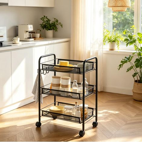 Carrello cucina a 3 livelli con cestelli in rete e ganci, acciaio nero DESVIAE (1/5)