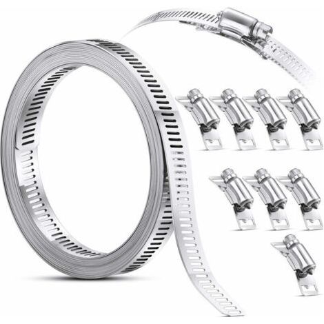 TONCHEAN Collier de serrage,Collier de Serrage Collier à Vis sans Fin en Acier, Sangle Collier de Serrage avec Attaches, Pinces en Acier Inoxydable 304 Collier de Serrage de Tuyau Réglable à Vis (8 Pi (1/5)