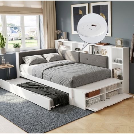 MODFU – Canapé lit banquette 120x200 cm bois blanc/tissu gris – Lit gigogne 90x190 – Rangement – Blanc/gris (1/5)