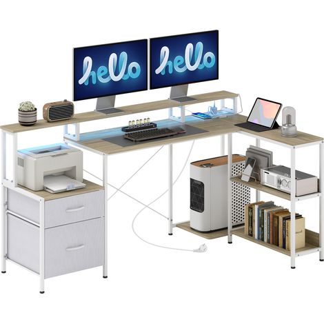 Bureau d'angle avec prises électriques et éclairage LED RGB, bureau d'ordinateur, 172 x 100 cm, support pour écran, 2 tiroirs, blanc