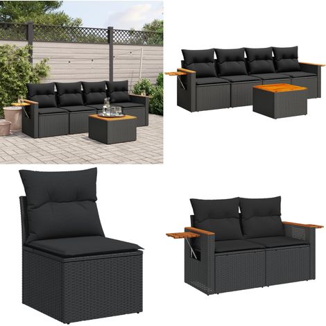 Salon de jardin 5 pcs avec coussins noir résine tressée - Ensemble Salon De Jardin - Meuble Extérieur - Résine Tressée - Rotin Synthétique - Acacia - Home & Living (1/5)
