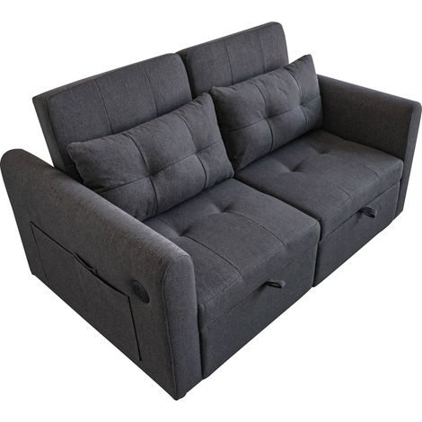 Canapé 142x85 Cm Convertible 3-en-1 En Tissu Coton-lin Gris, Dossier Réglable Et Ports USB (1/5)