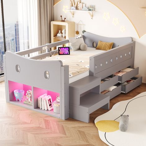 Lit enfant 90x200 cm avec garde-corps, 4 tiroirs, marches avec rangement, LED, ports USB et USB-C, tête de lit avec niches,gris (1/5)