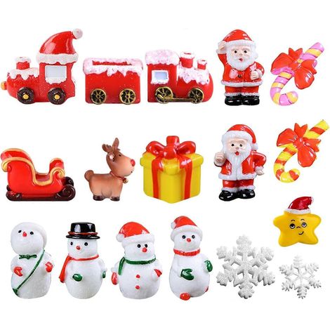 17 décorations de Noël miniatures : figurines de Noël représentant le Père Noël, le bonhomme de neige, le renne, le sapin, le train et des flocons de neige (dessins animés). (1/5)