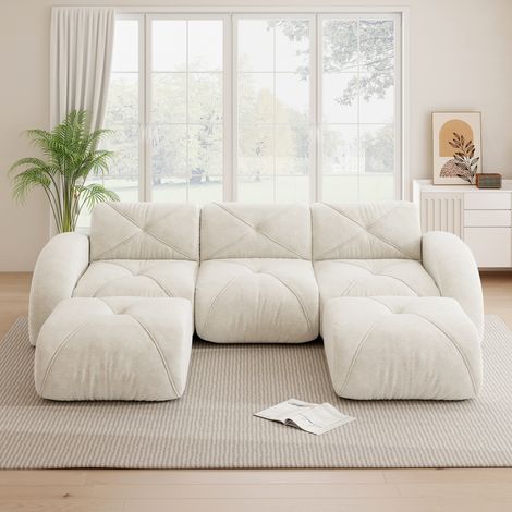 Canapé d'angle 3 places 281cm canapé modulable avec 2 poufs, mousse haute densité 32d, chenille doux, assise confortable, blanc (1/5)