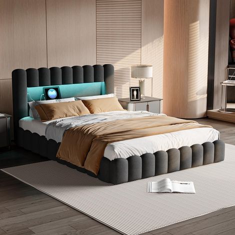 Polsterbett 140 x 200 cm mit Bettkasten, Wellen-Design, RGB-LED und USB-C, Leinen, Grau