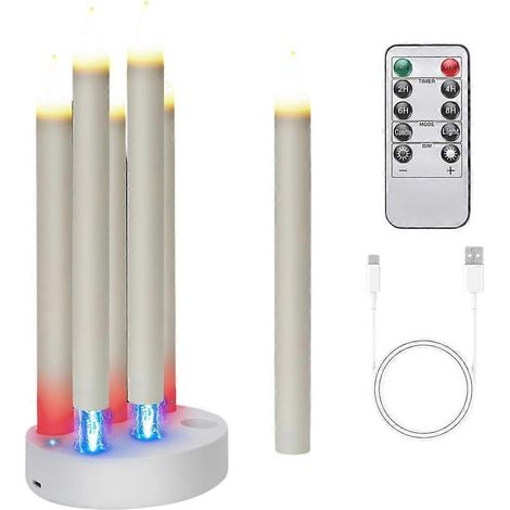 Bougies coniques rechargeables sans flamme, lot de 6, à LED, effet vacillant, avec station de charge et minuterie à distance (1/5)