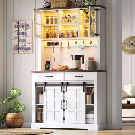 Buffet de cuisine blanc 180x108x40 cm avec prise, LED, plan de travail, 6 tiroirs, étagères réglables et crochets