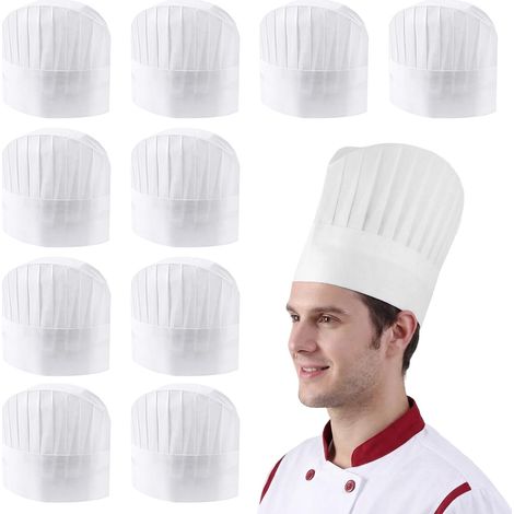 10 pièces Toque de Chef Jetable, Chapeau de Cuisine à Usage Unique, Bonnet de Cuisinier Professionnel, Blanc, Toque de Boulanger, Non Tissé, Ajustable pour Cuisine, Maison, Restaurant (1/5)