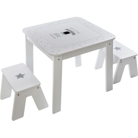 Atmosphera – Ensemble table enfant 57x57xH51cm + 2 tabourets 36x19xH26cm – Rangement intégré sous le plateau – Décoré d'étoiles et message inspirant (1/10)