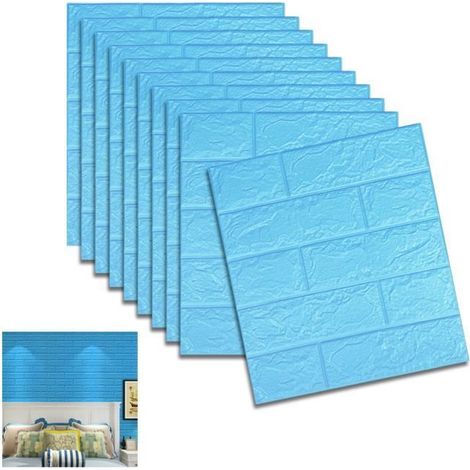 Stickers Muraux Brique 3D, 10pcs 35×38.5cm 3D Brique de Pierre Brique Fond d'écran Décoradif Imperméable, Bleu (1/4)