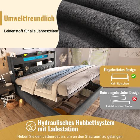 Lit coffre hydraulique 140x190cm avec éclairage LED, sommier à tête de lit rangement et étagère, tissu lin gris, recharge USB/Type-C intégrée, sans matelas (1/5)