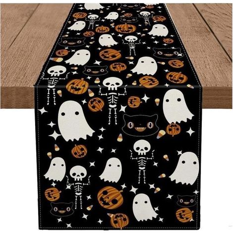 Chemin de Table d'halloween, Chemin de table en tissu de lin, Décoration d'halloween pour Table à Manger, Cuisine - 33X183cm (1/4)