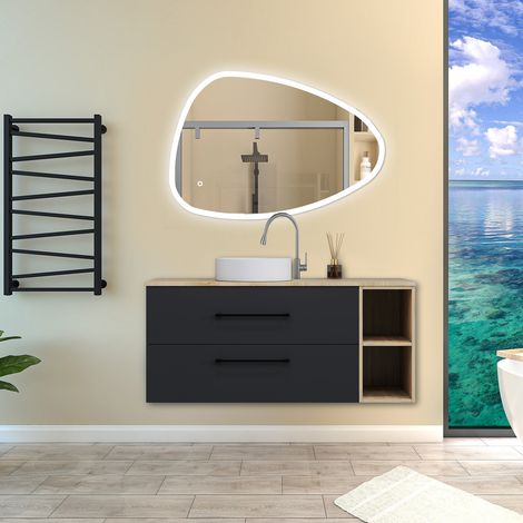 Aica Ensemble meuble de Salle de Bain Suspendu avec Vasque + 2 Rangements Ouverts, 120x46x52cm, Miroir 120x80cm Asymétrique Tricolore