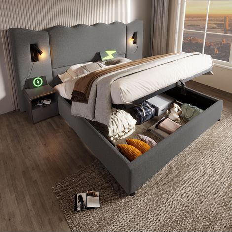 Letto matrimoniale 180x200 cm grigio in lino con contenitore idraulico, lampade da lettura e porte USB-C (1/5)