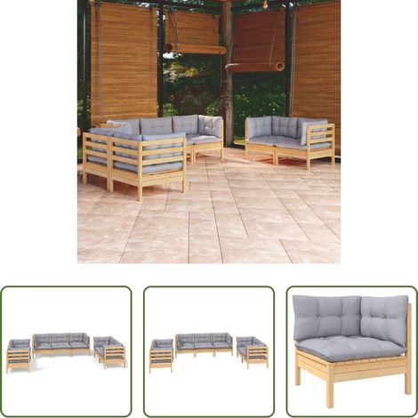 Terrassensofa - 7-tlg. Garten-Lounge-Set mit Grauen Kissen Kiefer Massivholz (1/5)
