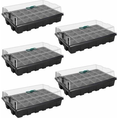 Un ensemble de 5 mini-serres pour semis, chacune comprenant un plateau de semis de 24 alvéoles et un couvercle, adaptées aux semis et à la germination. (1/4)