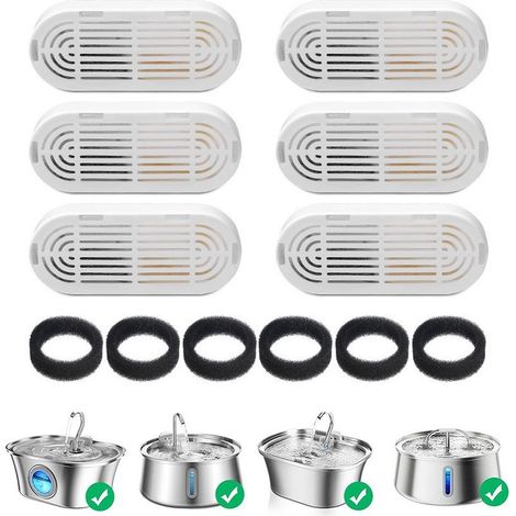 6 Packs de Filtres pour Fontaine à Eau pour Chat et 6 Packs d'Éponges de Remplacement, pour Fontaine Eau Chat en Acier Inoxydable de 3.2L (1/5)